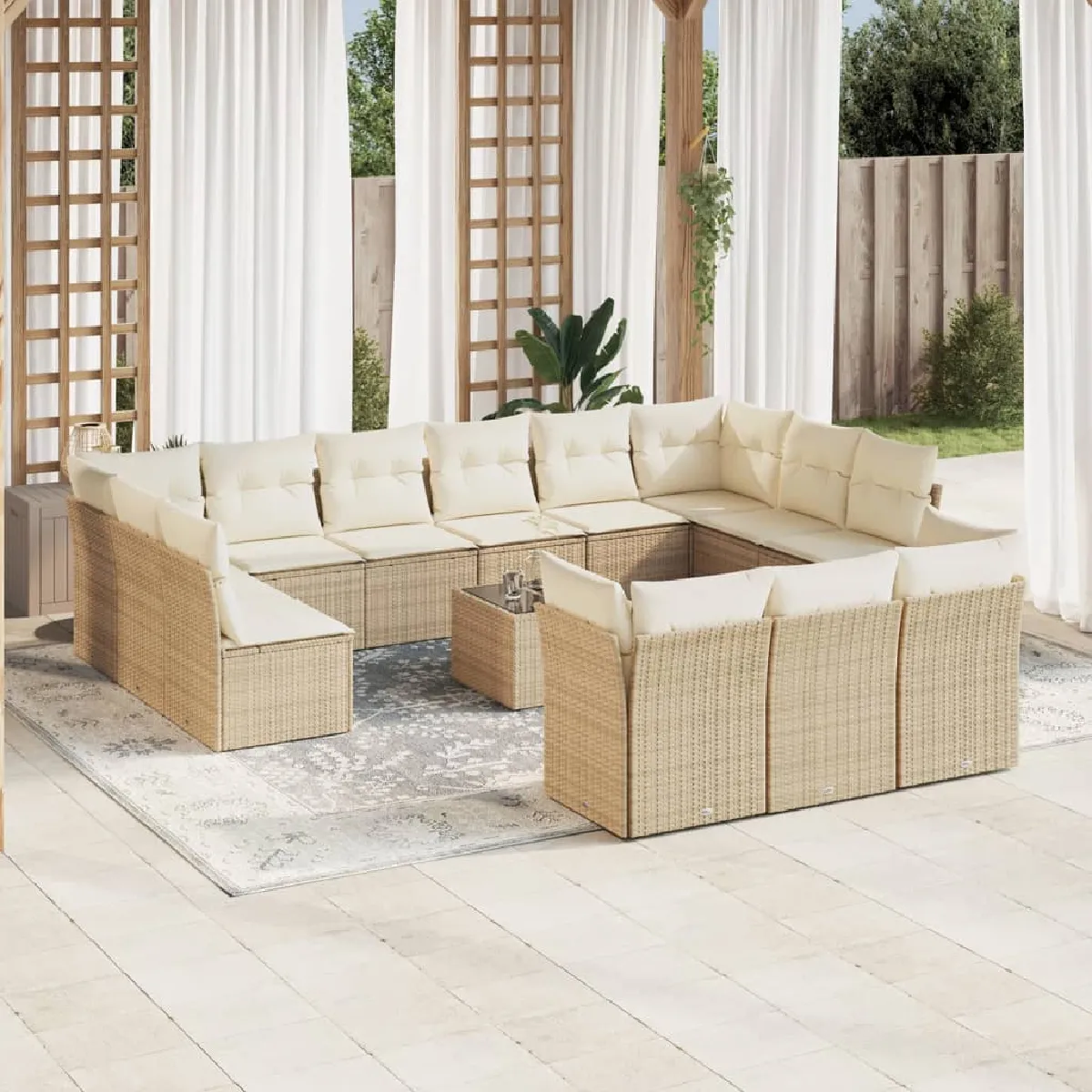 VIDAXL Salon de jardin modulable - Lot de 14 pi&egrave;ces - R&eacute;sine tress&eacute;e beige - 12 personnes