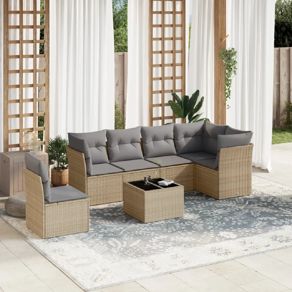 vidaXL Salon de jardin 7 pièces - Beige