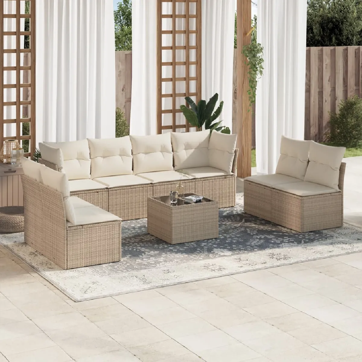 vidaXL Salon de jardin avec coussins 9 pcs - Beige