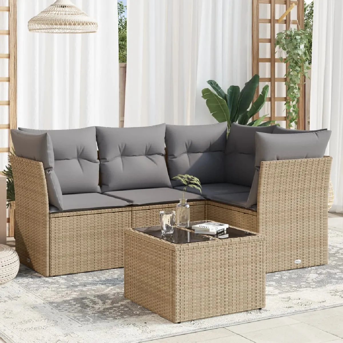 vidaXL Salon de jardin 5 pcs - Beige - Résine tressée