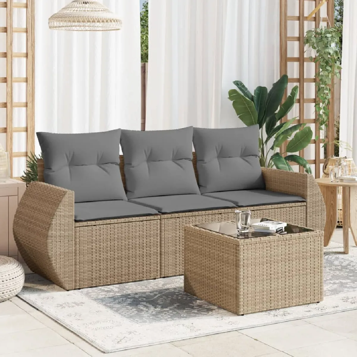 Salon de jardin 4 pcs résine tressée avec coussins - vue 2