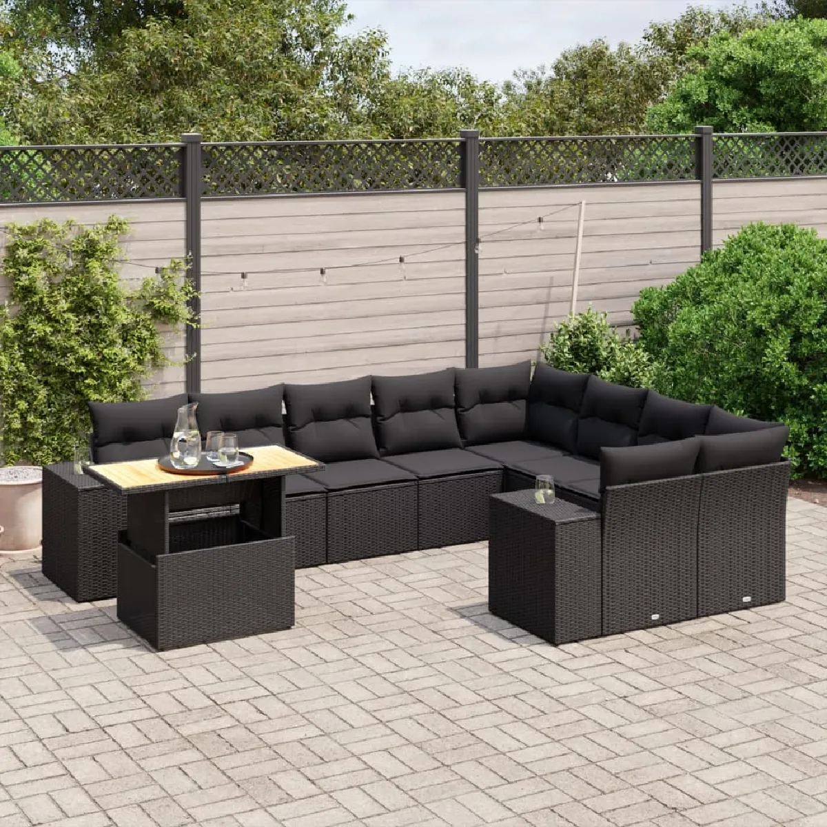 vidaXL Salon de jardin 10 pcs avec coussins - Noir