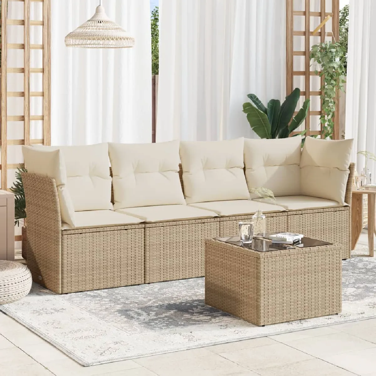 VIDAXL Salon de jardin  avec coussins 5 pcs beige r&eacute;sine tress&eacute;e
