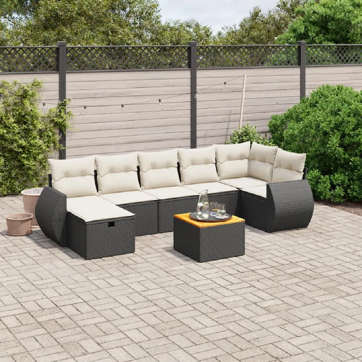 vidaXL Salon de jardin 8 pcs avec coussins - Noir résine tressée