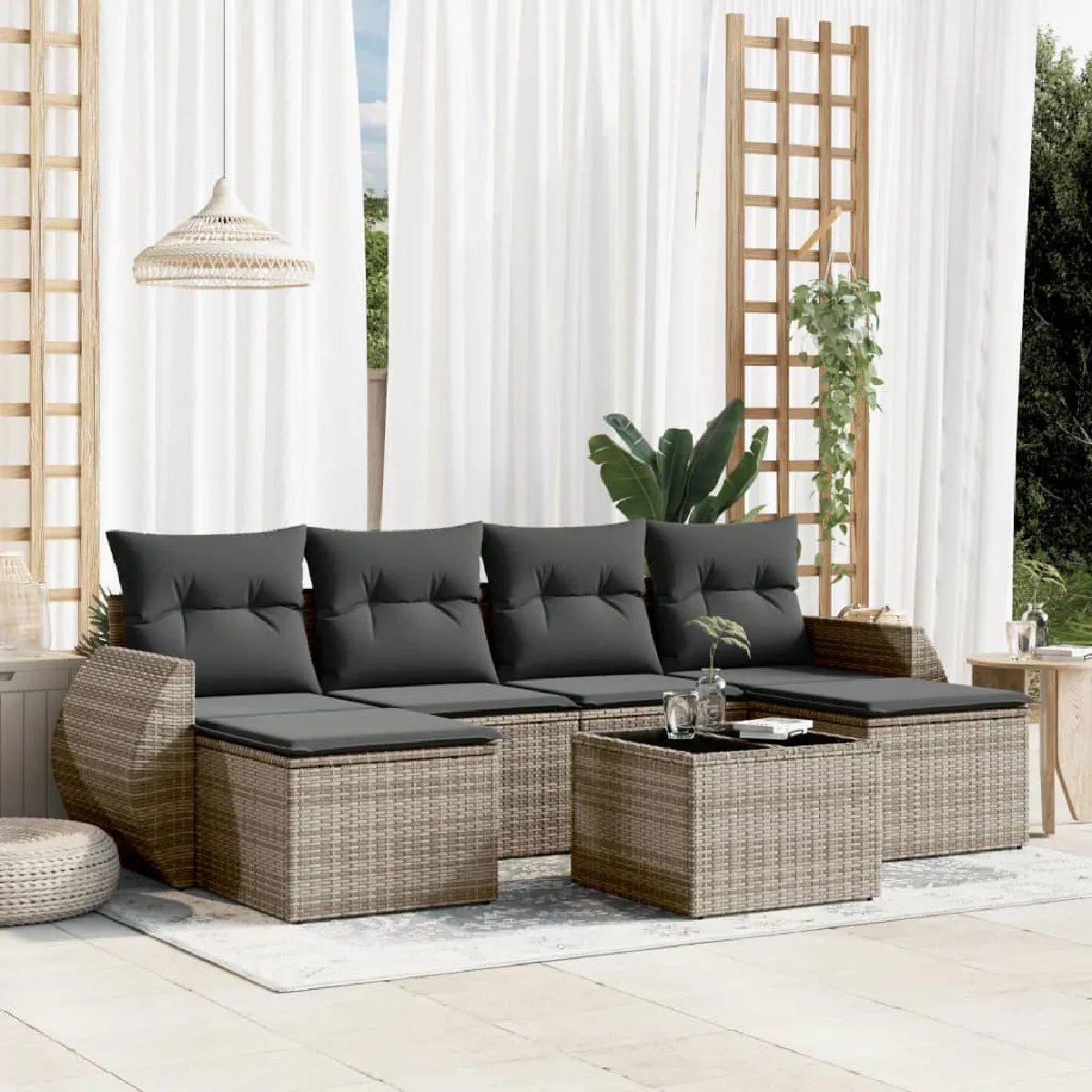 Non Communiqué Gris Vidaxl Salon De Jardin Avec Coussins 7 Pcs, Canapés De Terrasse, Ensemble De Meubles De Patio, Mobilier D'extérieur, 3254067 - Image 3