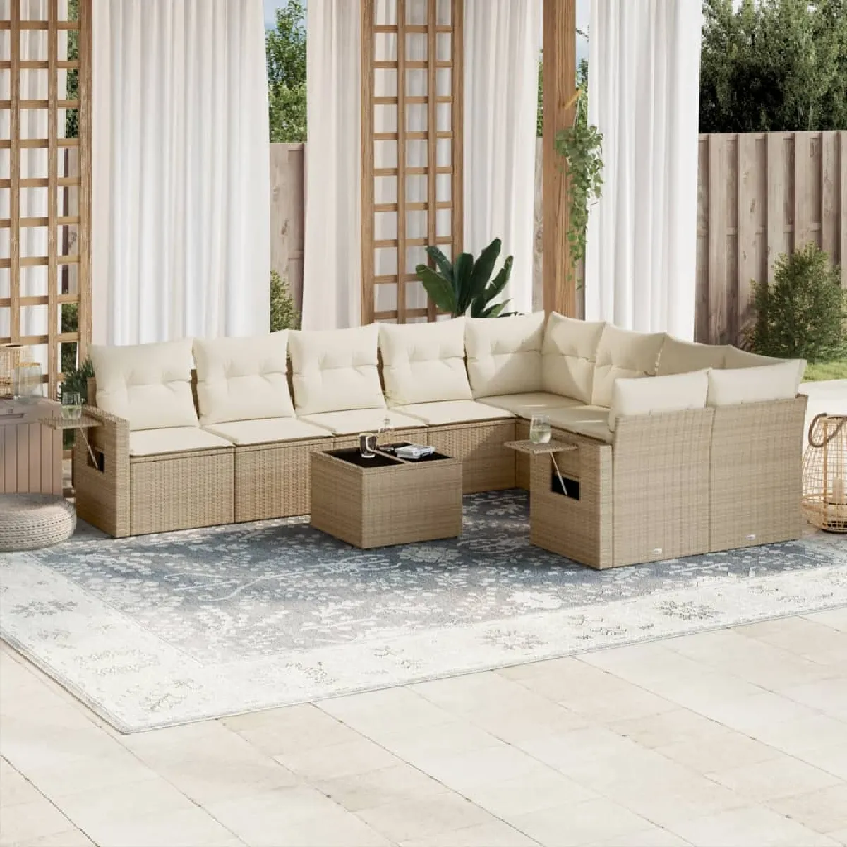 VIDAXL  salon de jardin avec coussins 10 pcs beige r&eacute;sine tress&eacute;e