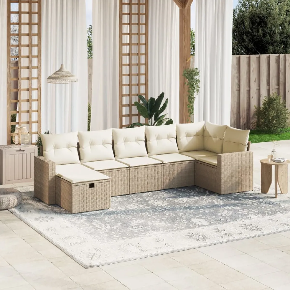 Salon de jardin vidaXL 7 pièces avec coussins - Beige