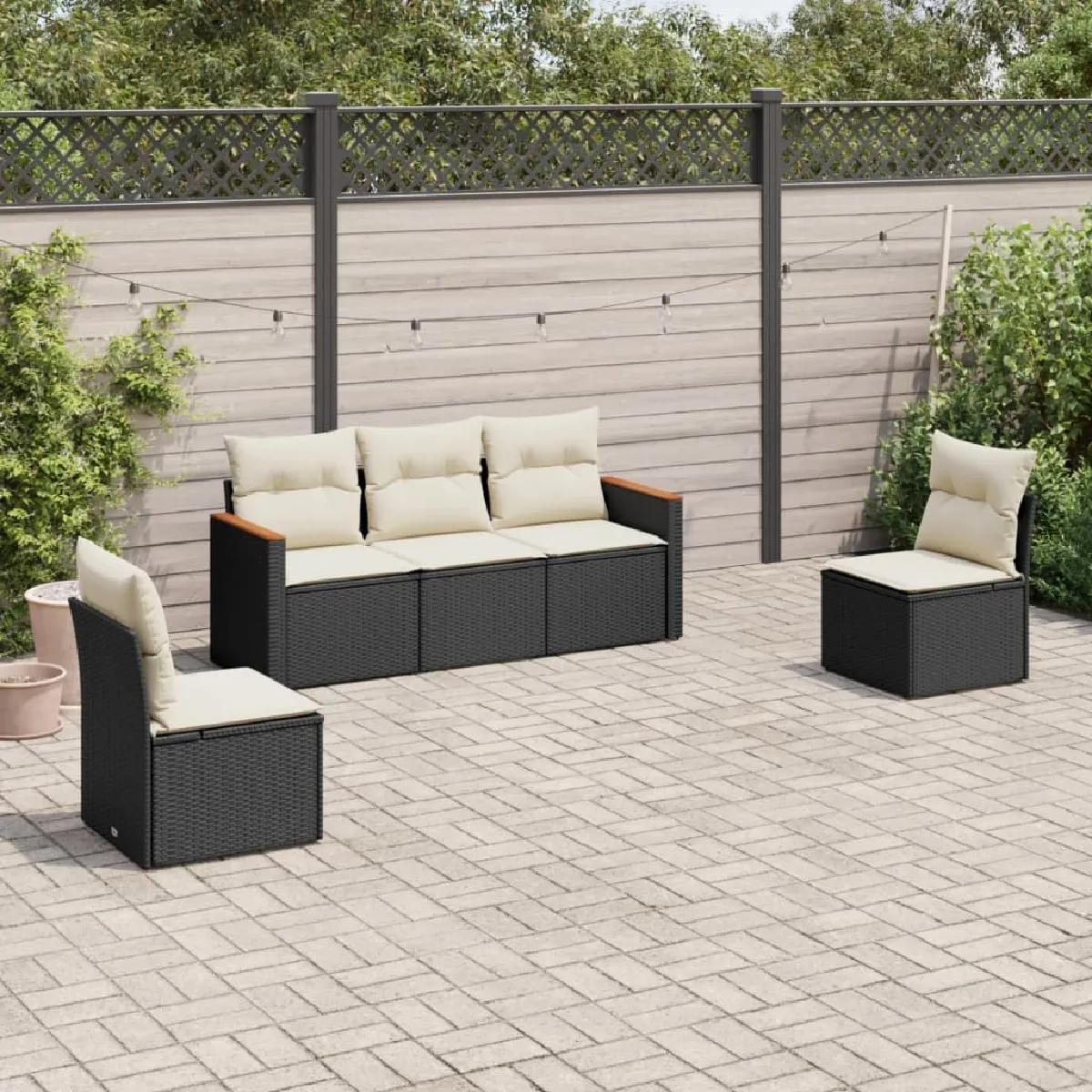 vidaXL Salon de jardin 5 pcs - Coussins noir résine tressée