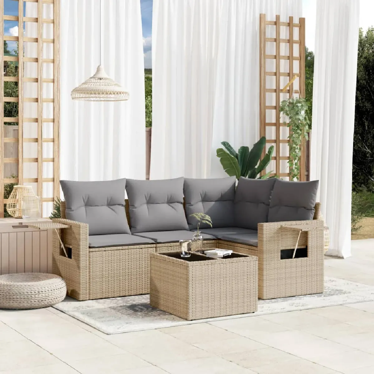 Non Communiqué Beige Salon De Jardin Modulable Vidaxl 5 Pieces Rotin 62 X 62 X 69 Cm - Image 3