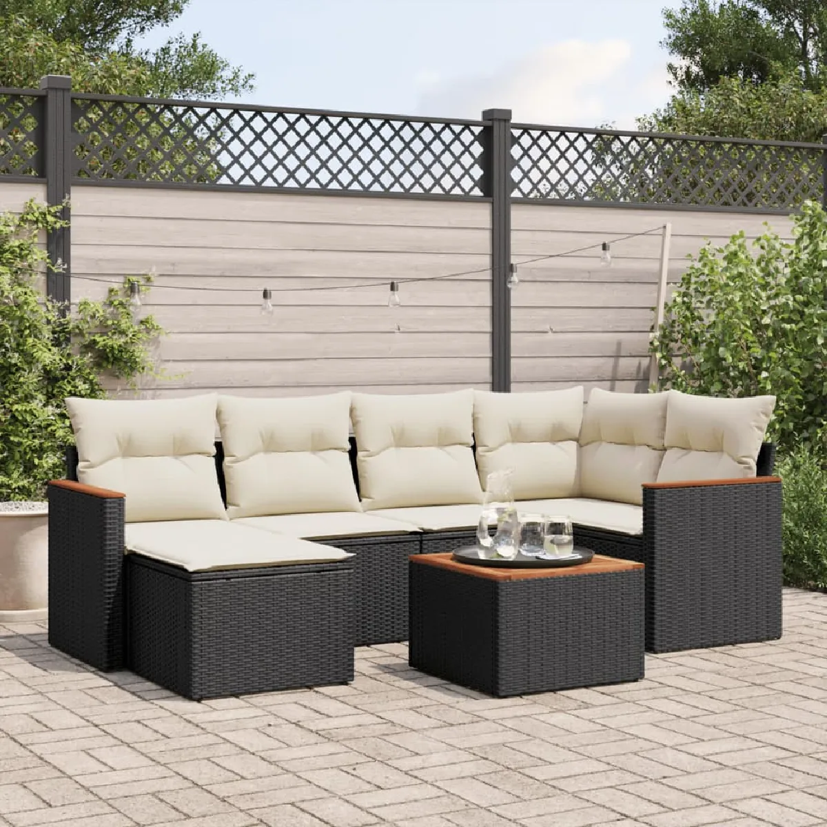 vidaXL Salon de jardin 7 pcs Coussins noirs