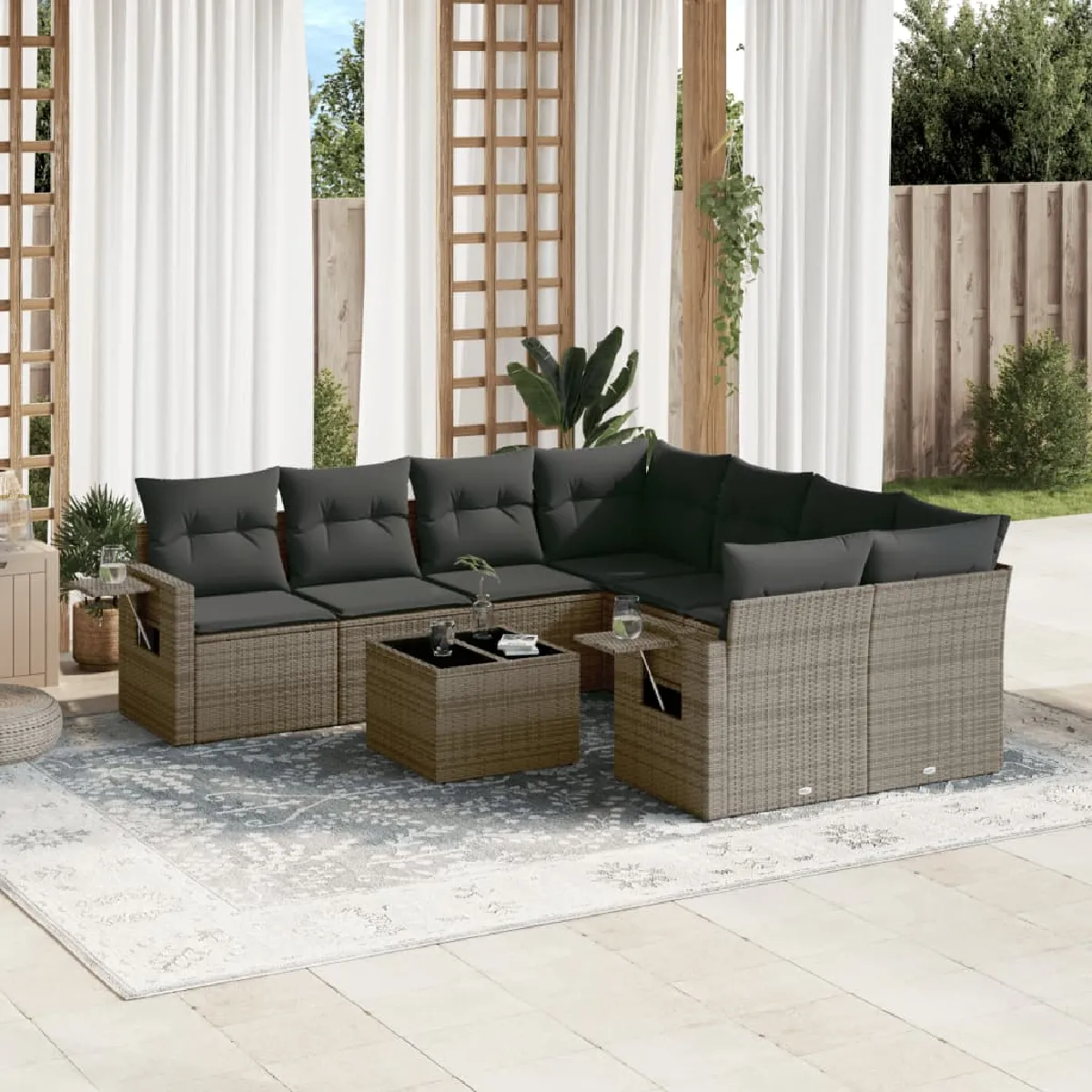 vidaXL Salon de jardin 9 pcs avec coussins gris résine tressée