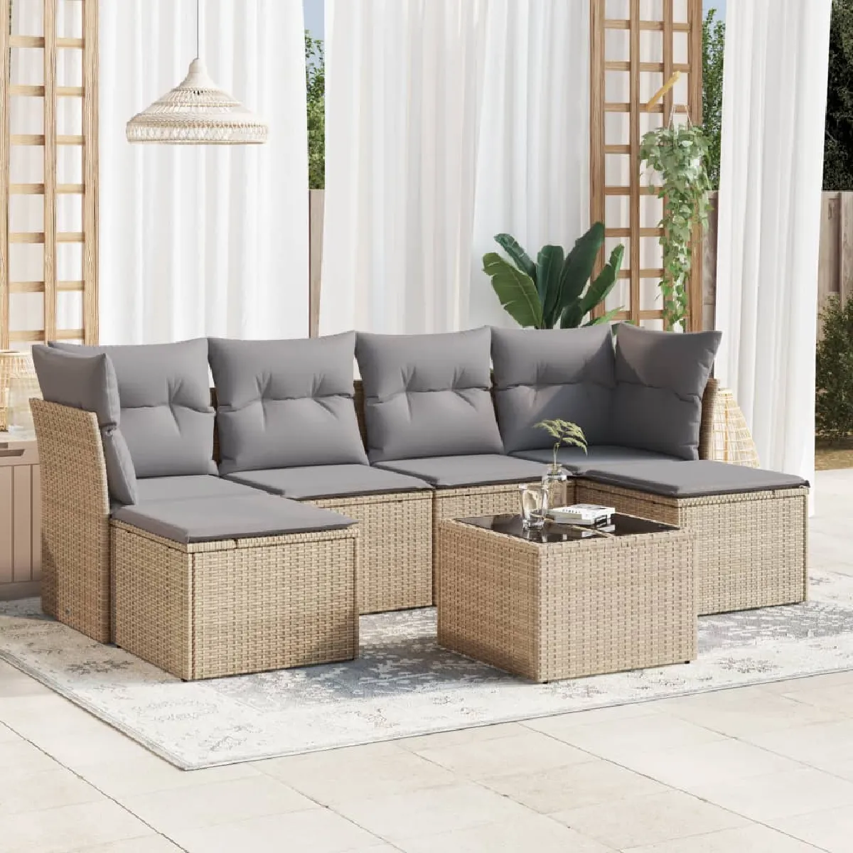 VIDAXL Salon de jardin avec coussins 7 pcs beige r&eacute;sine tress&eacute;e sans table