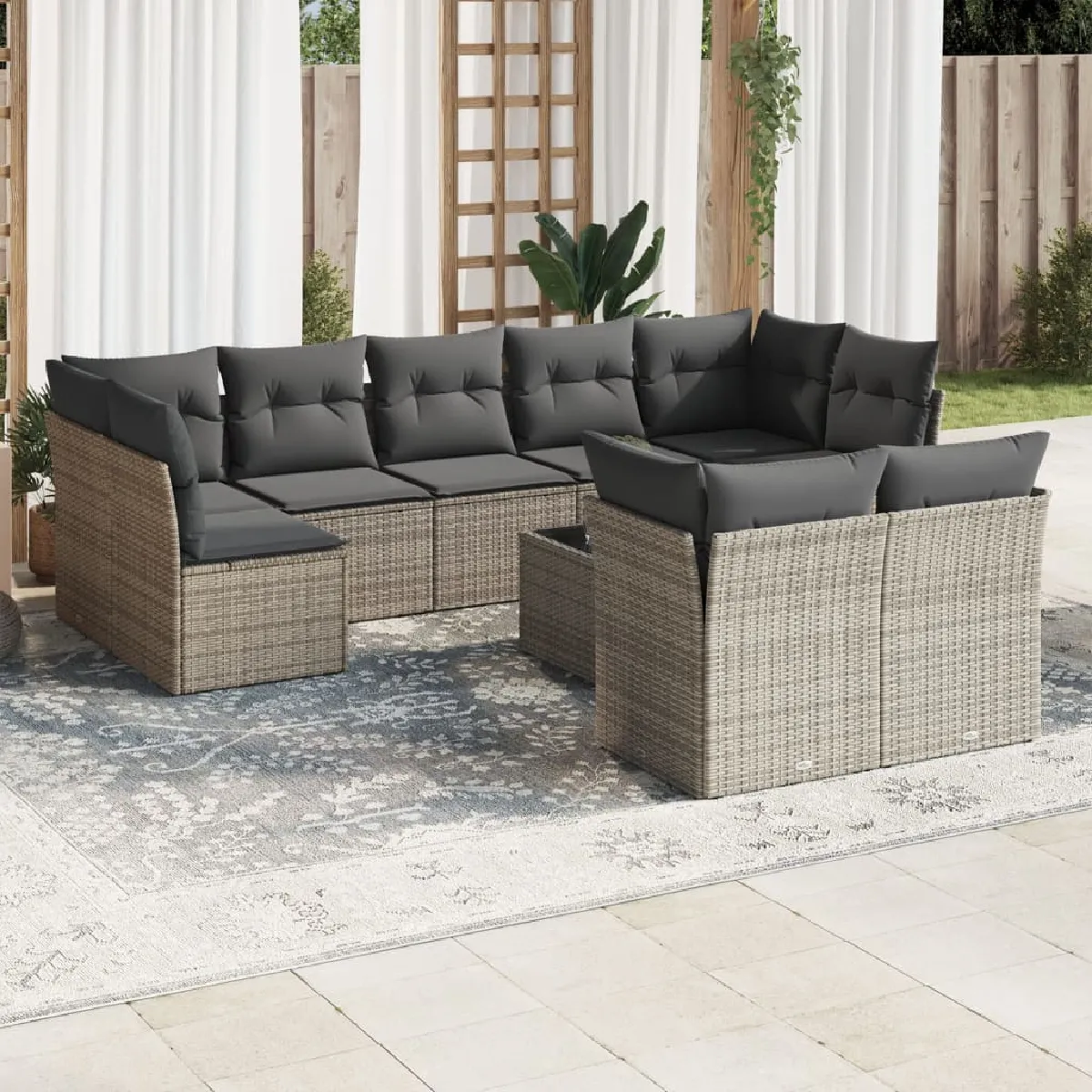 vidaXL Salon de Jardin avec Coussins 10 pcs Gris Résine Tressée