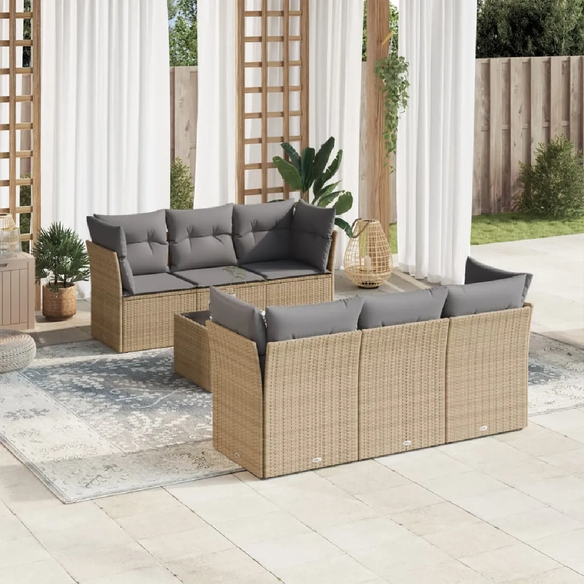VIDAXL Salon de jardin  7 pi&egrave;ces - R&eacute;sine tress&eacute;e - Coussins beiges