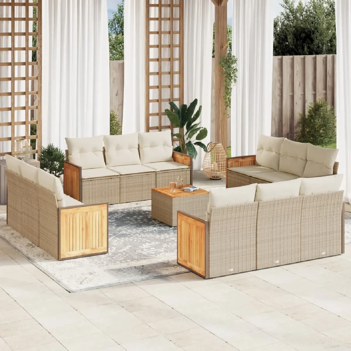Salon de jardin avec coussins 13 pcs beige resine tressee