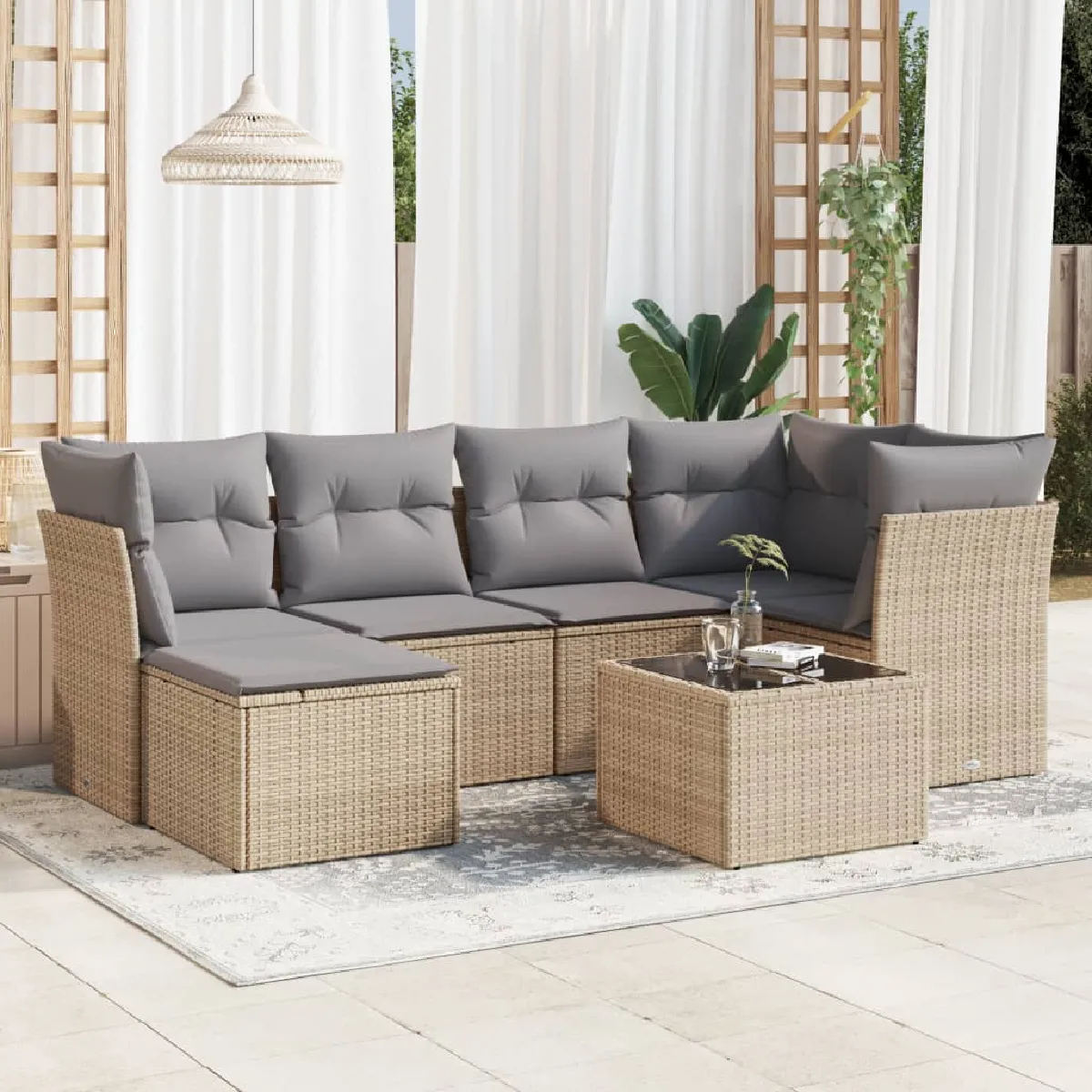 VIDAXL  Salon De Jardin Avec Coussins 7 Pcs Beige R&eacute;sine Tress&eacute;e