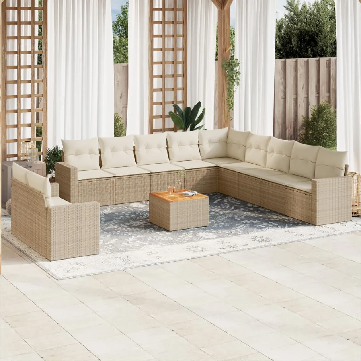 vidaXL Salon de jardin 9 pcs avec coussins Crème - vue 8