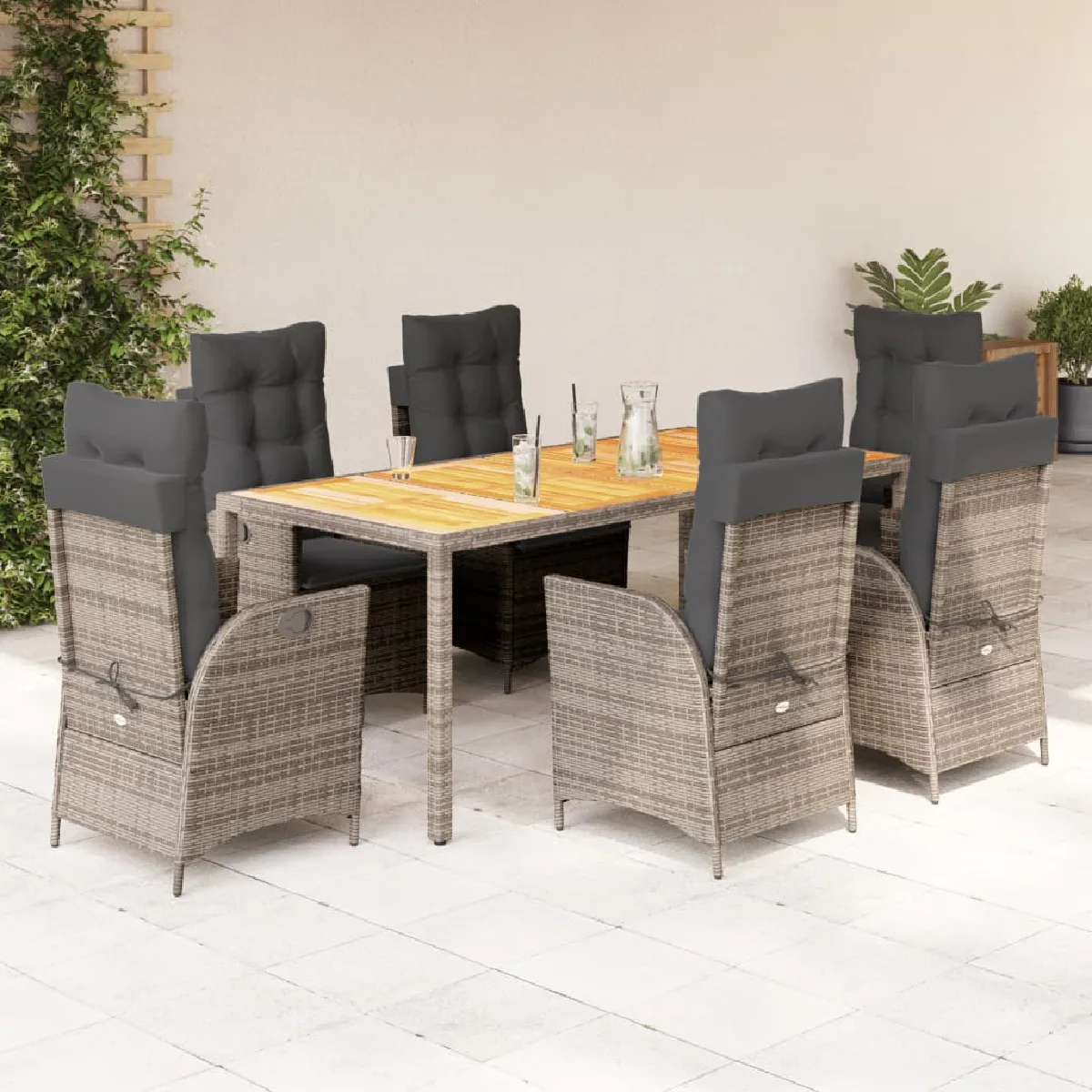 Vidaxl Gris Ensemble À Manger De Jardin 7 Pcs Rotin