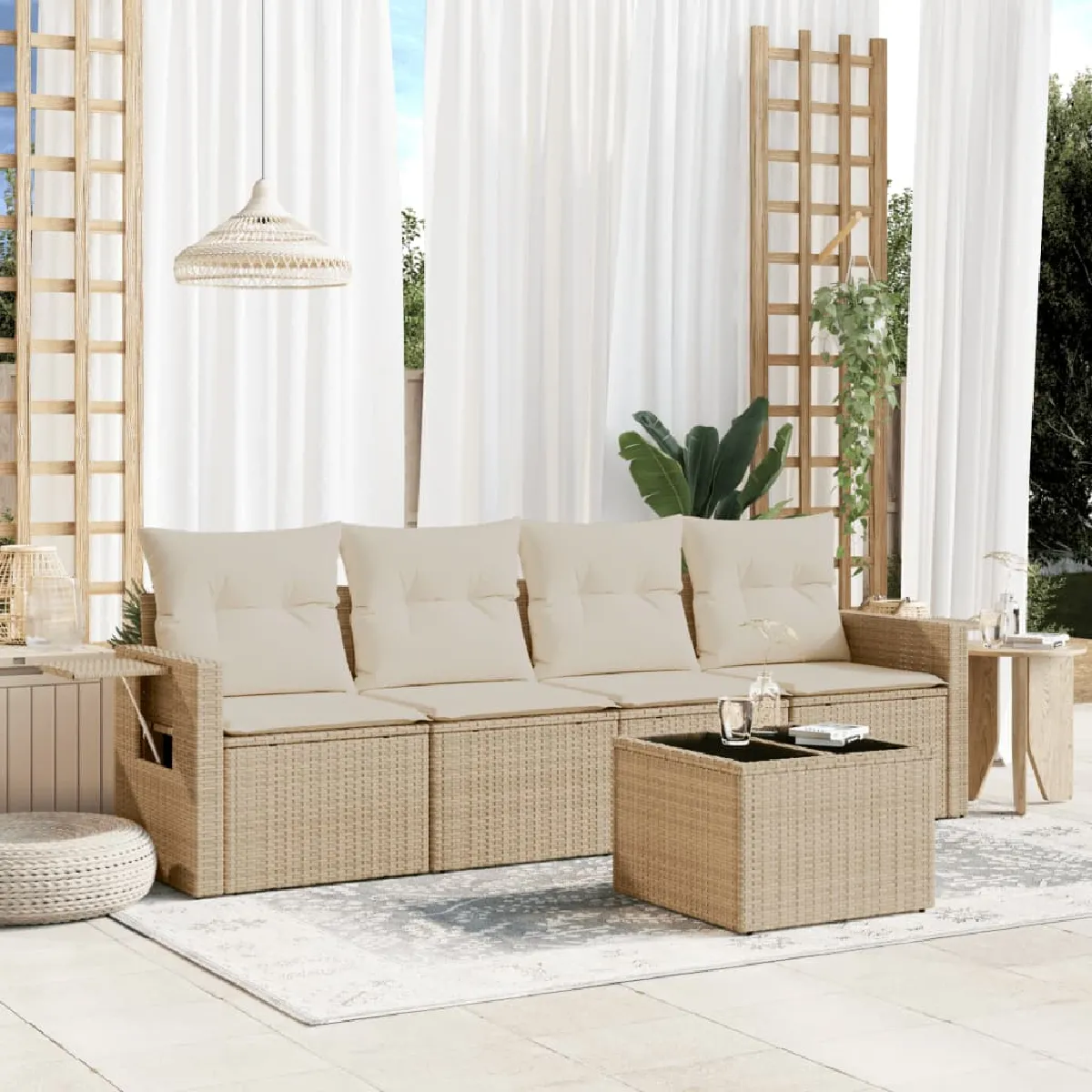 Non Communiqué Beige Salon De Jardin Modulable Vidaxl Rotin 5 Pieces - Image 3
