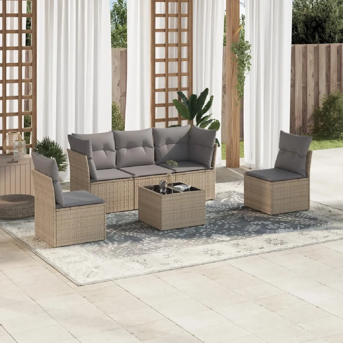 Non Communiqué Beige Salon De Jardin Vidaxl Avec Coussins 6 Pcs Et Gris Avec Table Tressée - Image 3