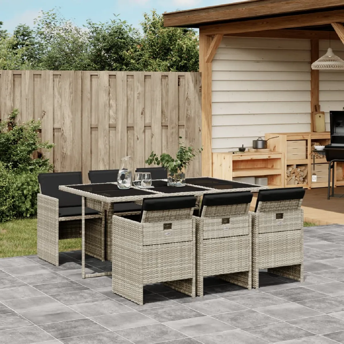 vidaXL Ensemble à manger de jardin 7 pcs rotin - Gris clair