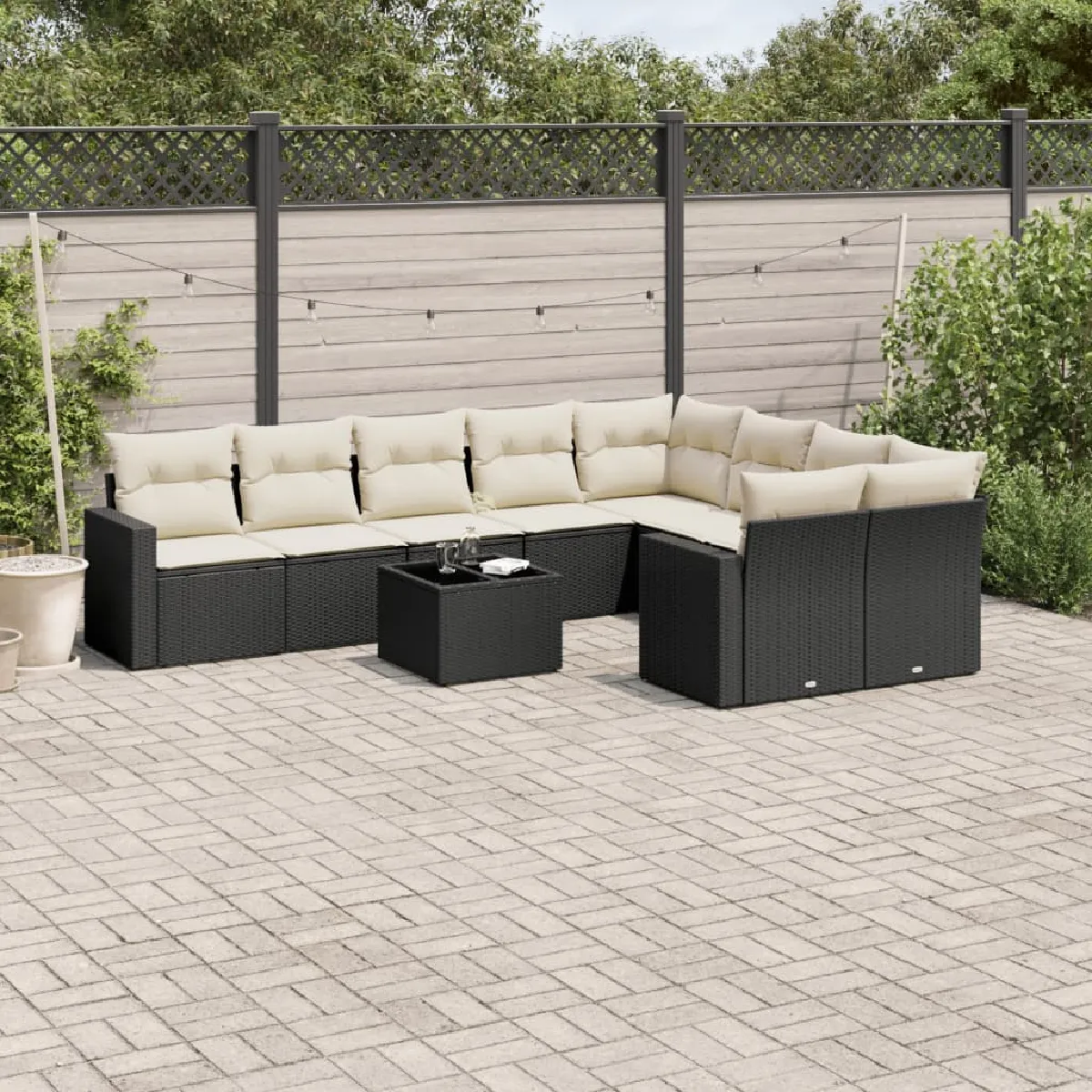 vidaXL Salon de jardin 10 pcs avec coussins - Noir résine tressée