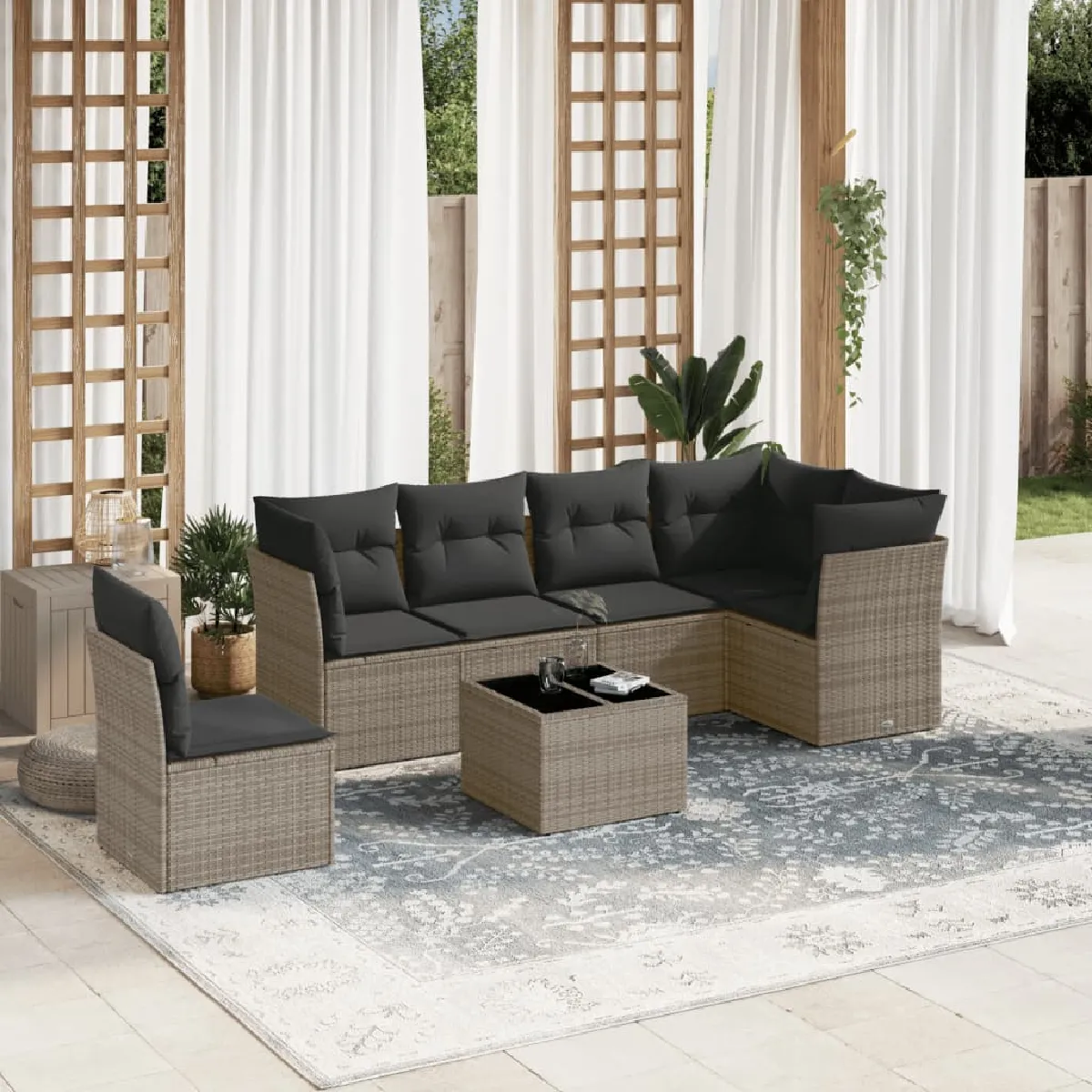 vidaXL Salon de jardin avec coussins 7 pcs - Gris résine tressée