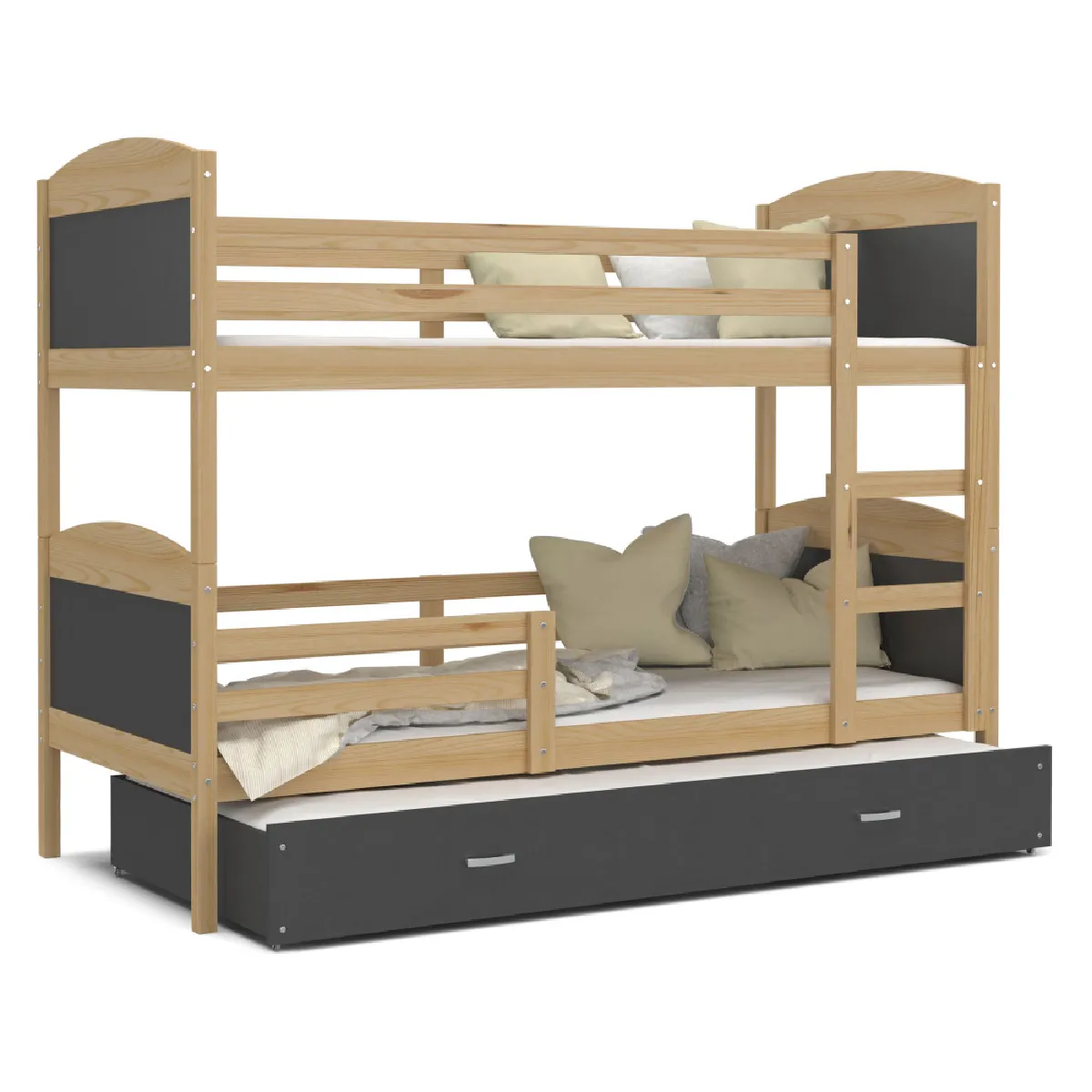 Lit Superposé 3 Places Mateo 90x190 gigogne + matelas Pin - gris