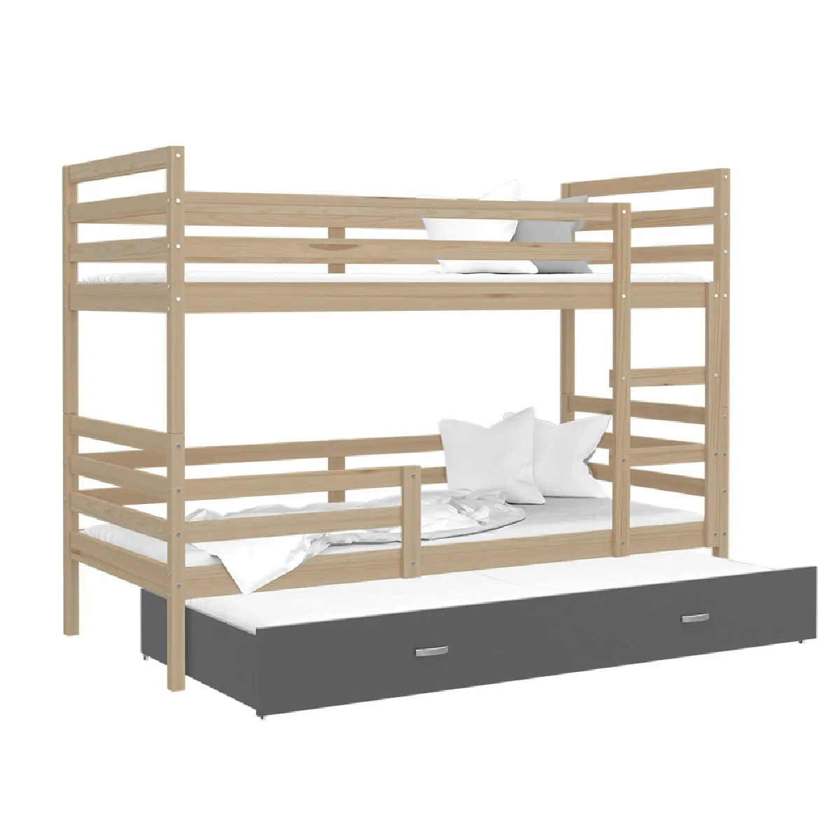 Lit Superposé 3 Places Milo 90x190 gigogne + matelas Pin - gris