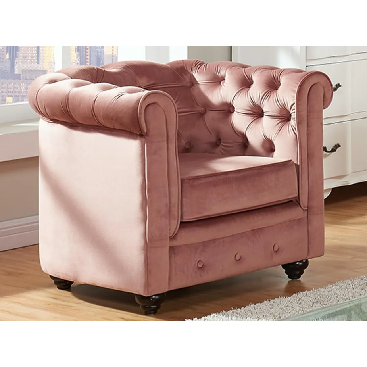 Fauteuil CHESTERFIELD - Velours rose pastel