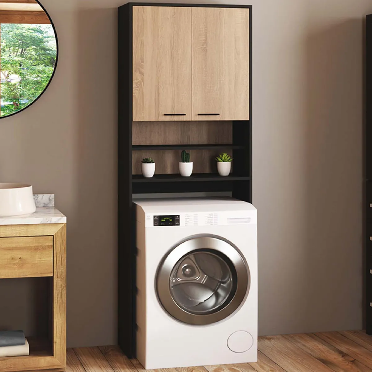 MARKET WALLIS Meuble Machine à Laver - Noir et Hêtre