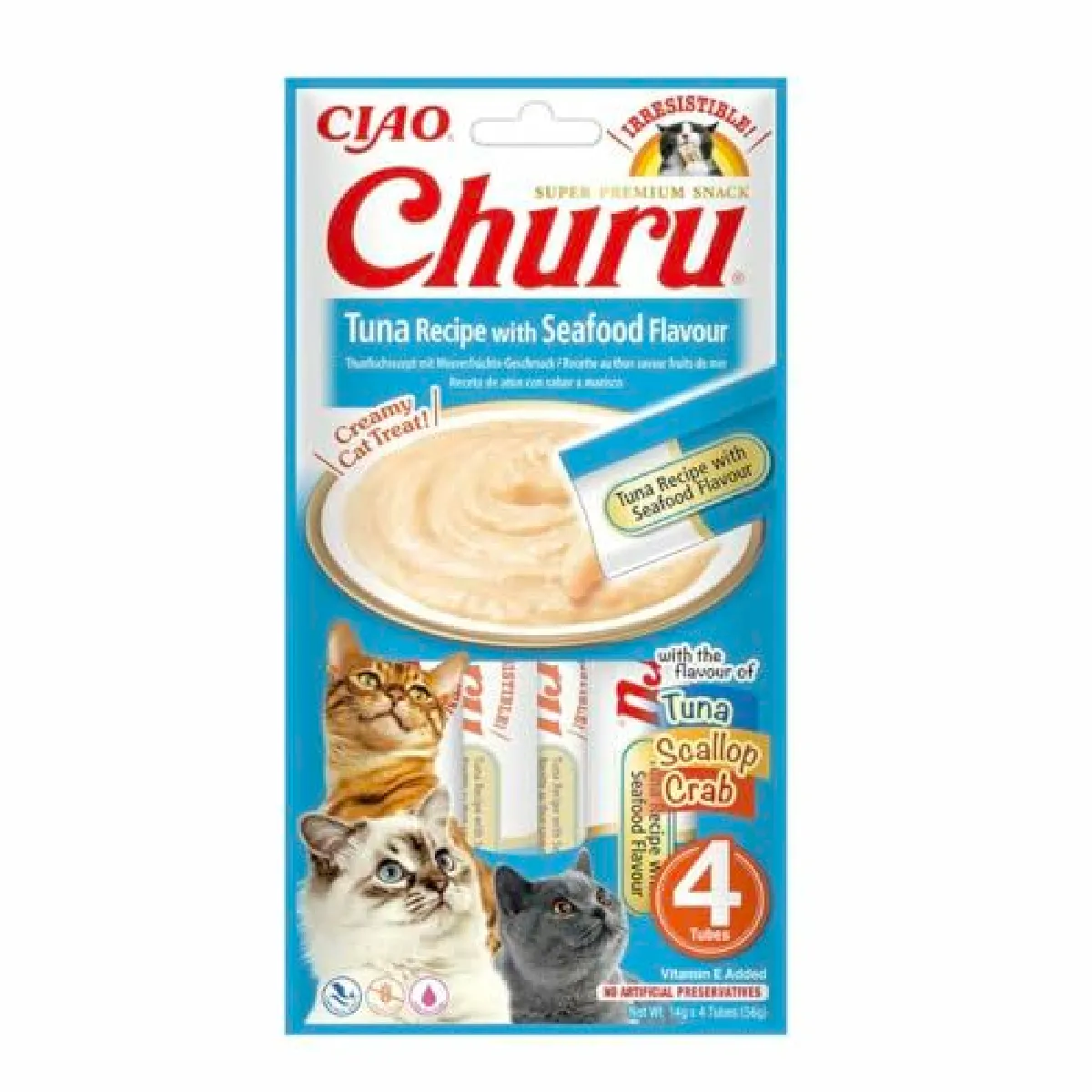 Comparer les prix de INABA Churu - Friandises pour Chats en purée au Thon & Fruits de mer - 4 Tubes x 14g - Délicieux Snacks pour Félins - Texture Lisse et Onctueuse - Nourriture pour Chats