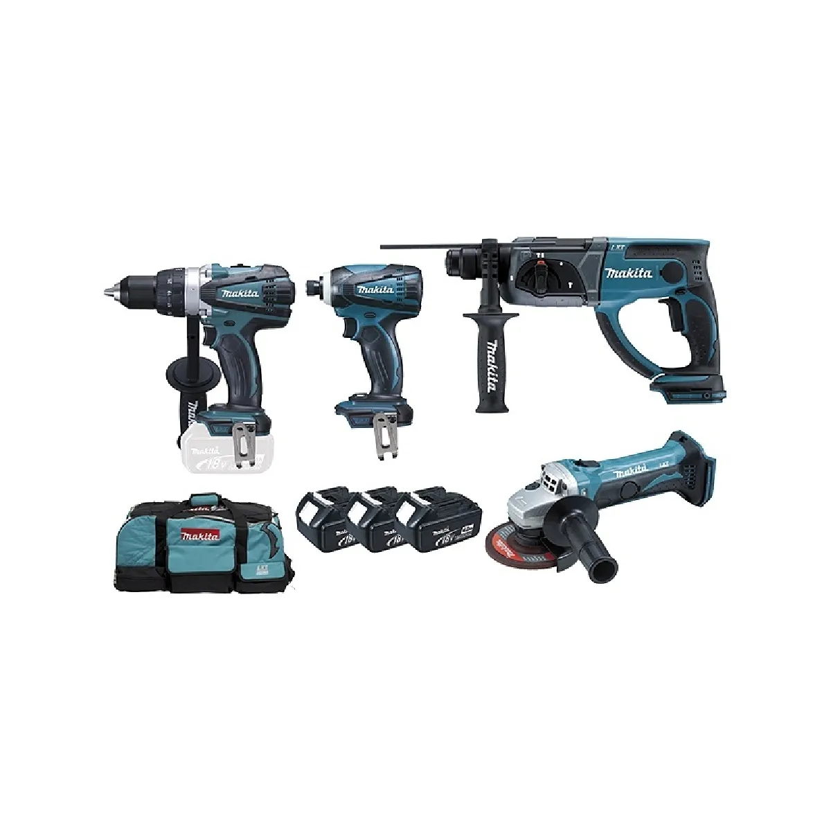 Ensemble de 4 machines MAKITA 3 Batteries 18V Li Ion 4.0 Perceuse DDF458 + Meuleuse DTD152 + Perfo DHR202 + Visseuse DGA452 DLX4054MX1 - vue 5