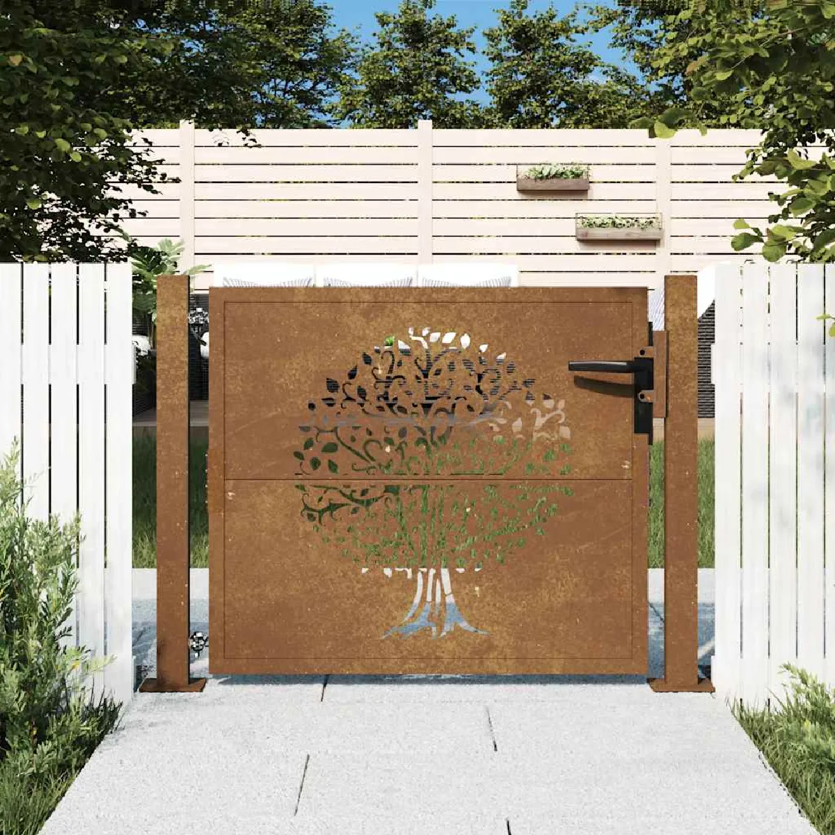 vidaXL Portail de Jardin Portillon de Patio Barrière de Sécurité Porte d'Extérieure Terrasse 105x105 cm Acier Corten 153161 - vue 2