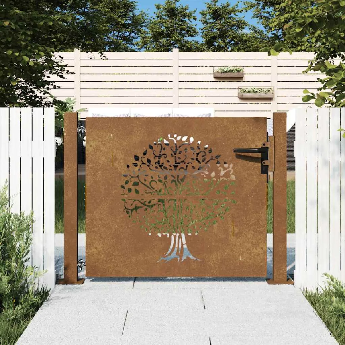 vidaXL Portail jardin corten 105x80 cm design arbre - vue 2