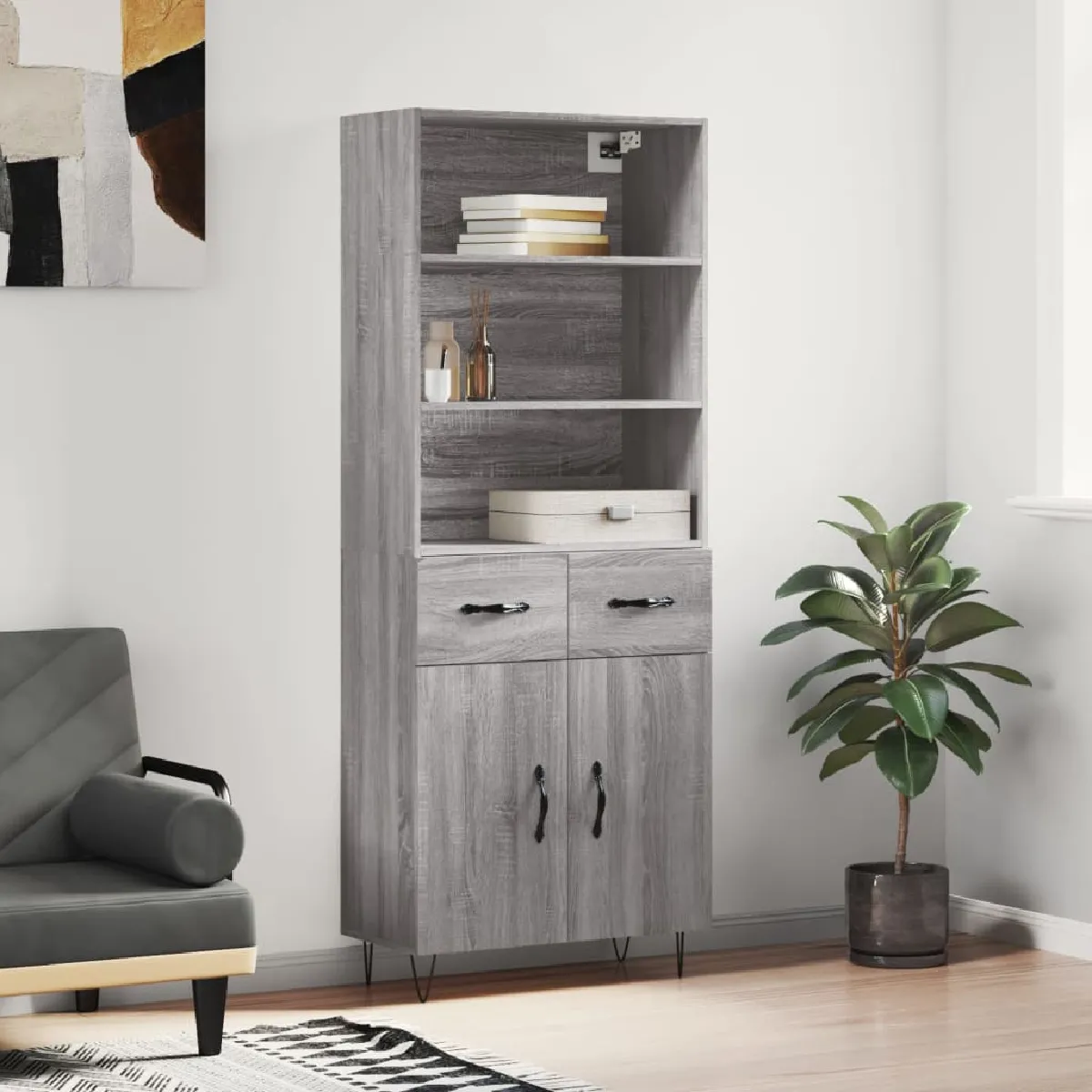 Non Communiqué Gris Vidaxl Buffet Haut, Armoire De Rangement Avec Pieds, Meuble De Rangement, Organisateur Salon Salle De Séjour, Moderne, Sonoma Bois D'ingénierie 3200551 - Image 3