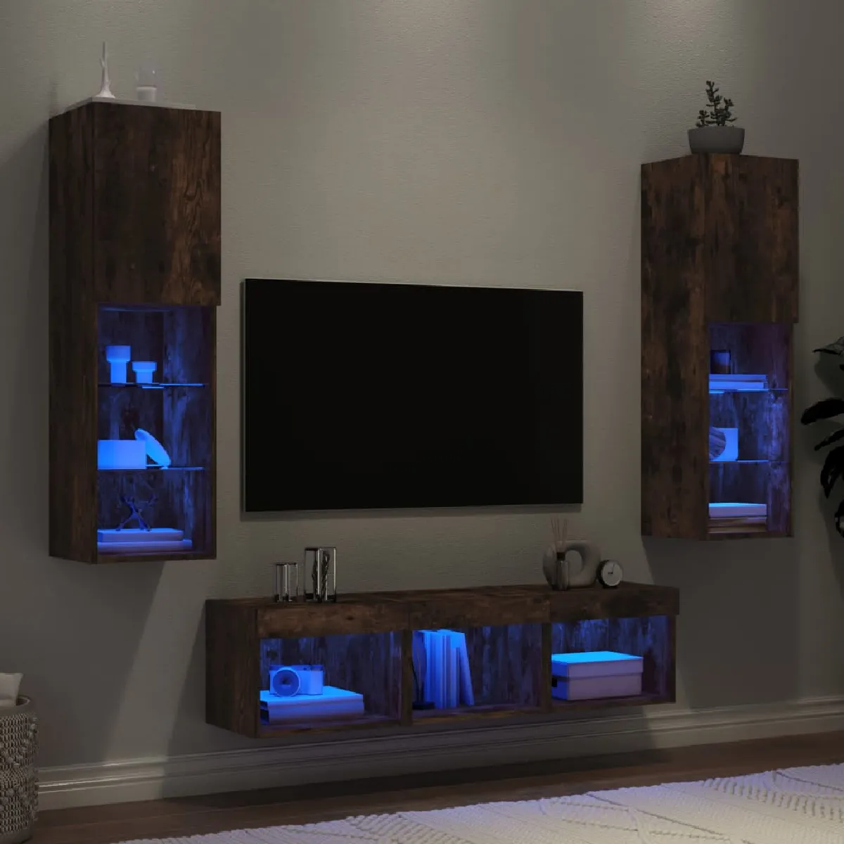 Non Communiqué Marron Vidaxl Unités Murales Tv Avec Led 5 Pcs, Armoires De Télévision Suspendues, Meubles Télé De Salon, Moderne, Chêne Fumé Bois 3216608 - Image 3