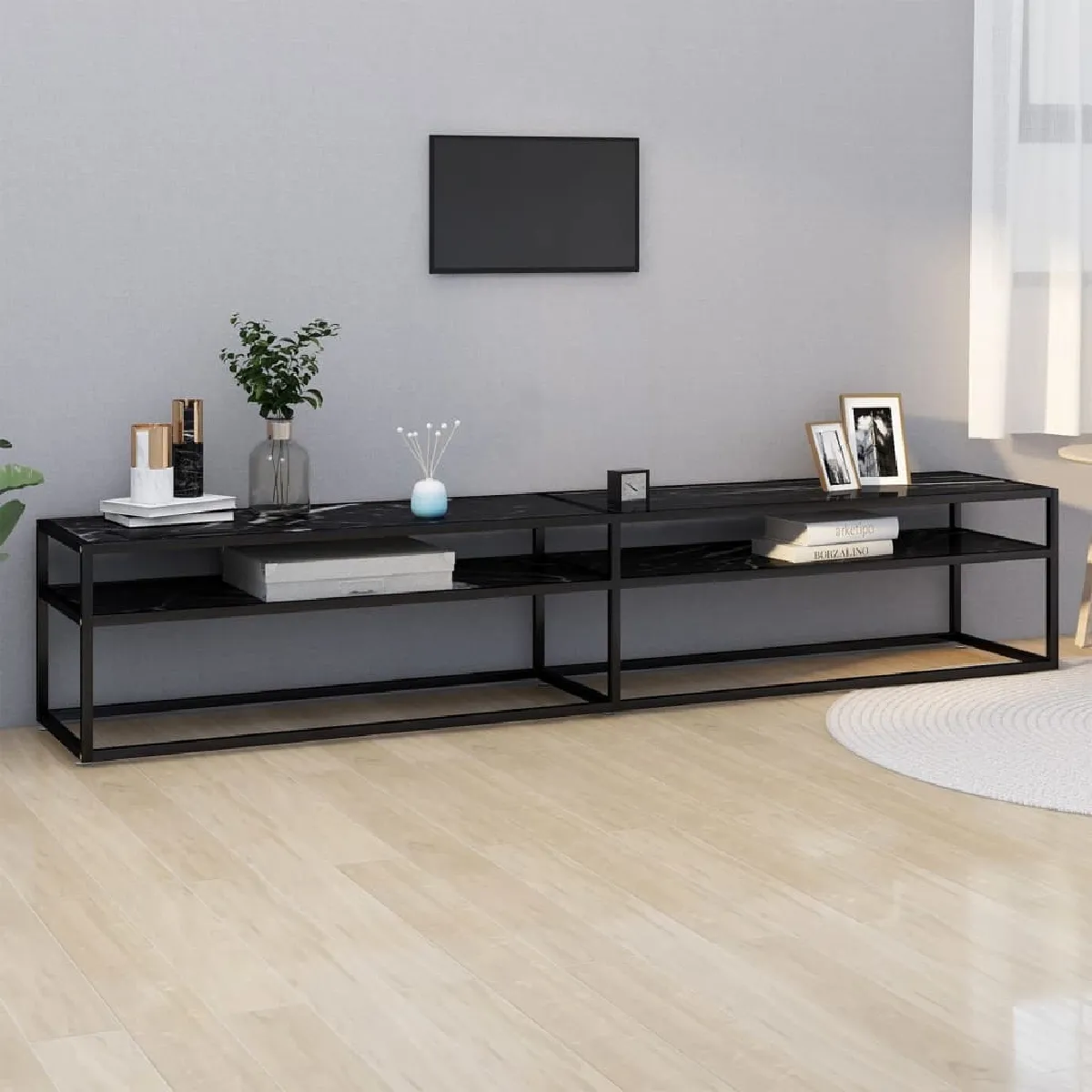 vidaXL Meuble TV Marbre noir et verre trempé