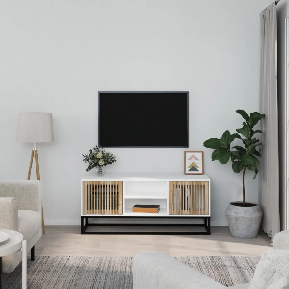 VIDAXL  meuble tv blanc 105x30x45 cm bois d'ing&eacute;nierie et fer