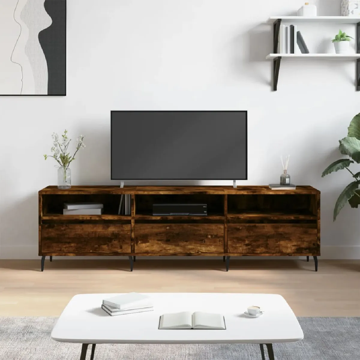 Non Communiqué Marron Vidaxl Meuble Tv Chêne Fumé 150X30x44,5 Cm Bois D'ingénierie831297 - Image 3