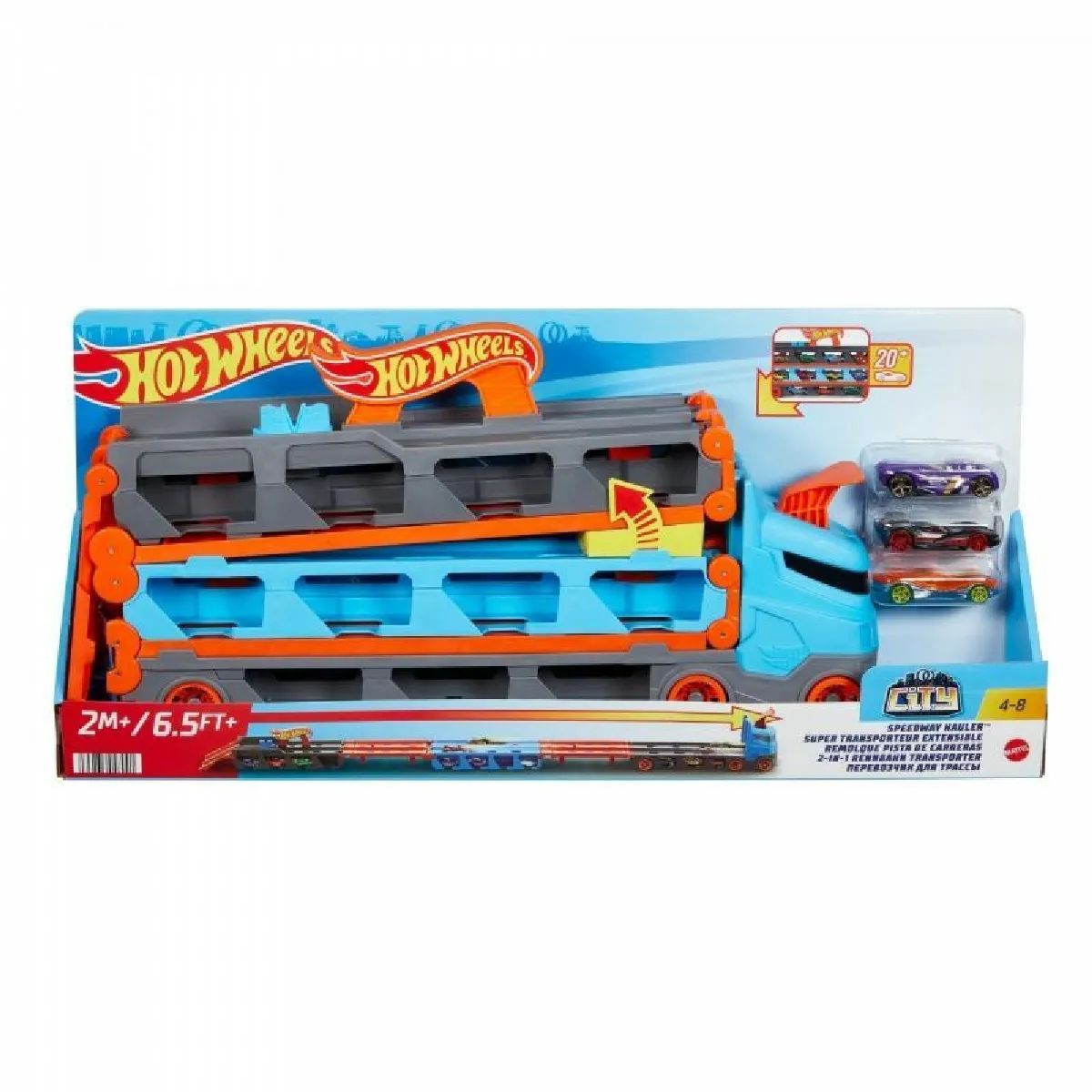 Hot Wheels Super Transporteur Extensible Piste Camion pour Ranger Jusqu’à 20 véhicules 3 Voitures incluses Emballage fermé Jouet pour Enfant HGH33 - vue 7