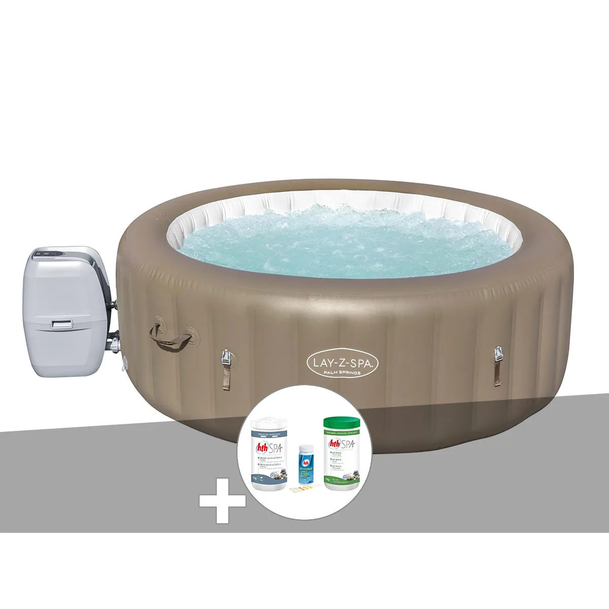 Bestway Kit spa gonflable Lay-Z-Spa Palm Springs rond Airjet 4/6 places + Kit traitement brome