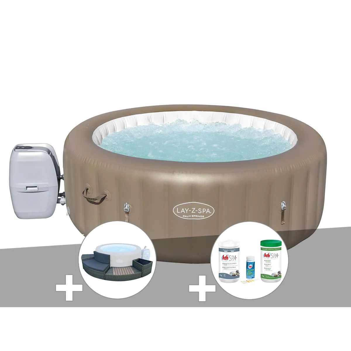 Bestway Kit spa gonflable Lay-Z-Spa Palm Springs rond Airjet 4/6 places + Ensemble mobilier + Kit traitement brome