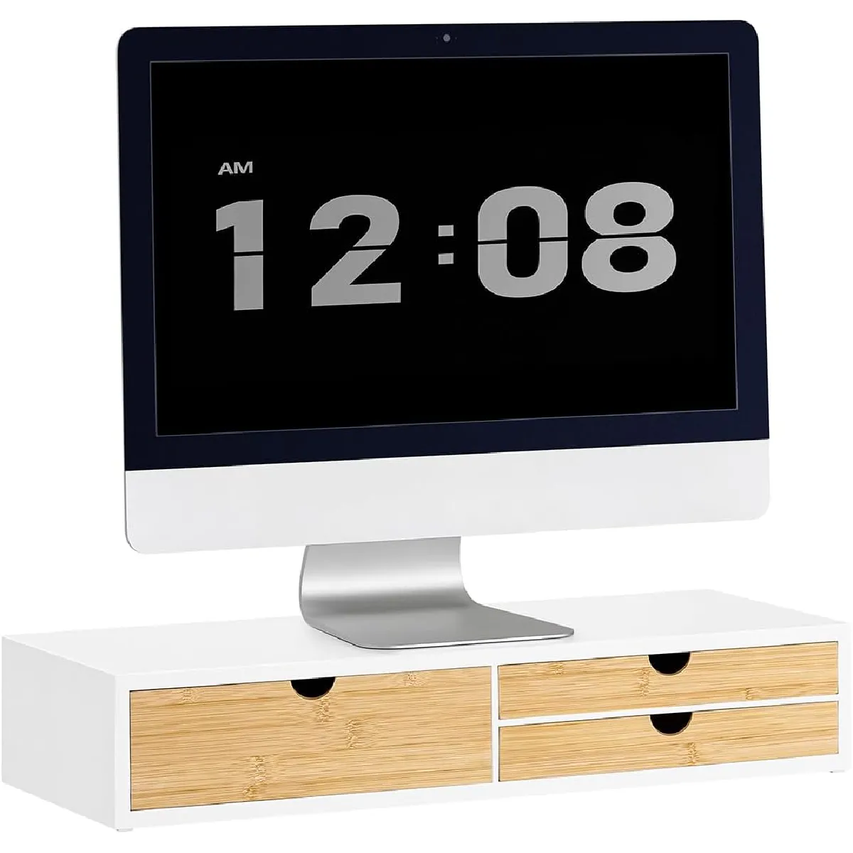 Support De Moniteur En Bambou Massif Avec Tiroir - Design Italien, Sans Montage, Hauteur 11,7 Cm