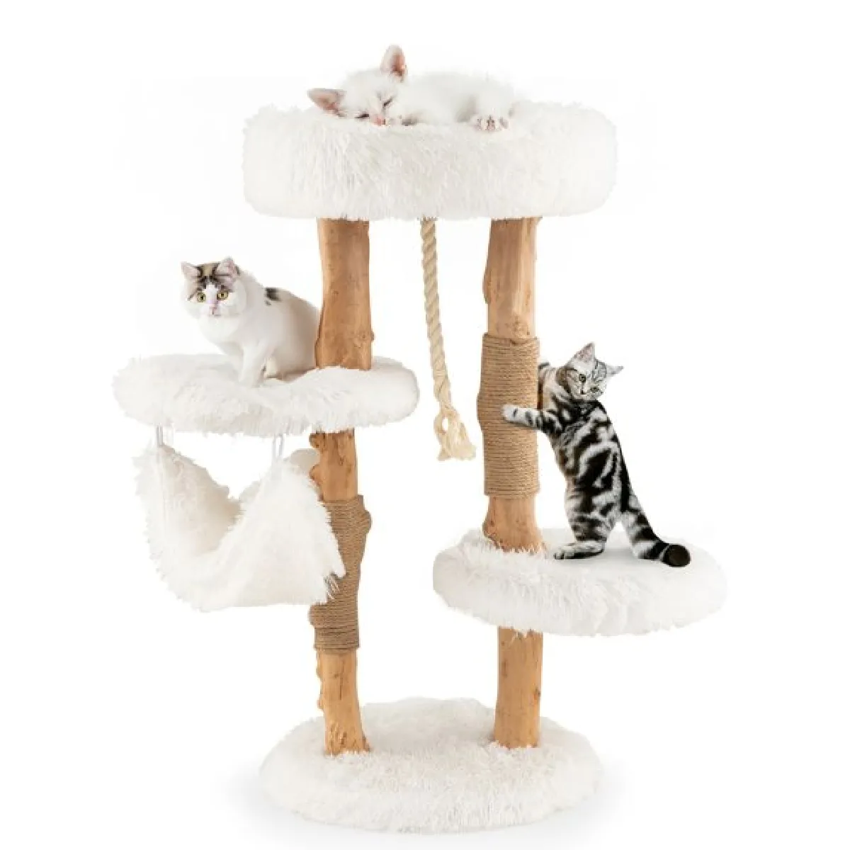 Meilleurs prix pour Arbre à chat en bois 87 cm avec hamac plusieurs plateformes tour à chat avec coussin moelleux corde en sisal suspendue blanc 20_0007666