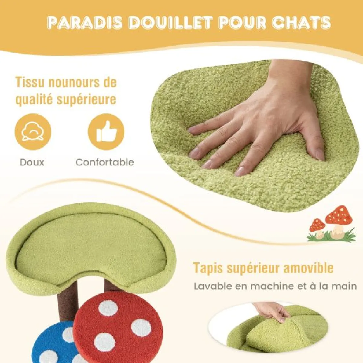 Comparer les prix de Arbre à chat 3 en 1 tour à chat 5 niveaux 3 poteaux entièrement enveloppés de sisal tapis et plates-formes amovibles motifs champignons coloré 20_0007651