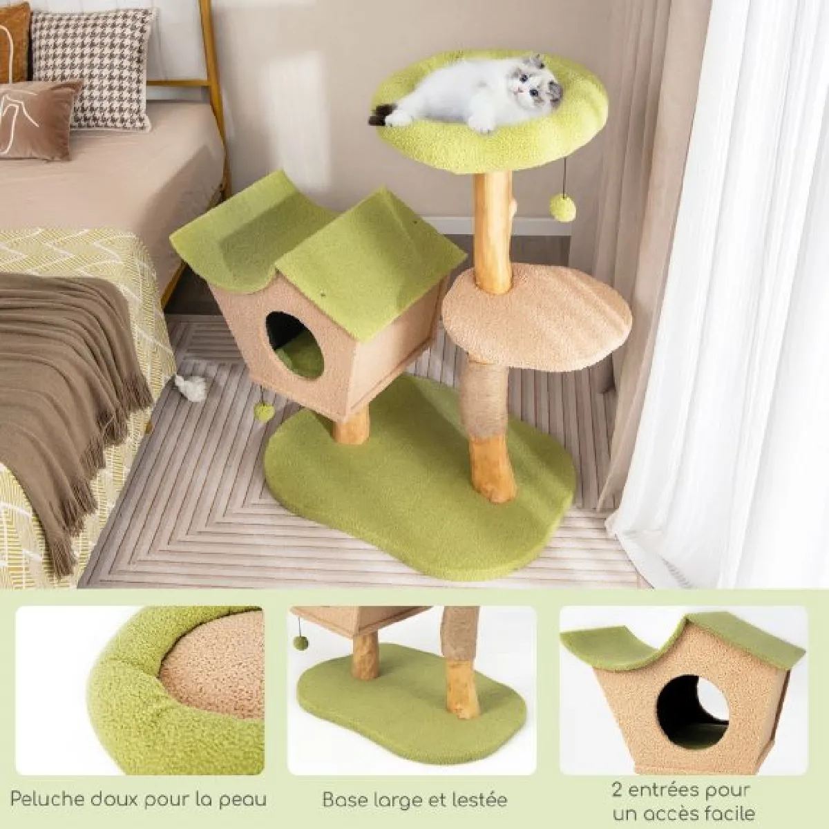 Comparer les prix de Arbre à chat de 110 cm tour à chat en bois perchoir supérieur rembourré condo pour chatcentre d'activité pour chat balles pendantes vert 20_0005500