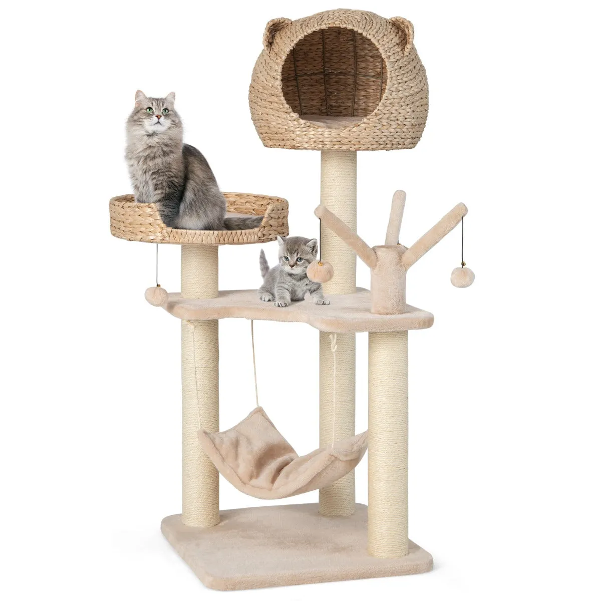 Comparer les prix de Arbre à chat 121 cm à 5 niveaux avec boules et hamac suspendues centre d'activités pour chats avec niche et poteaux en sisal 20_0005490