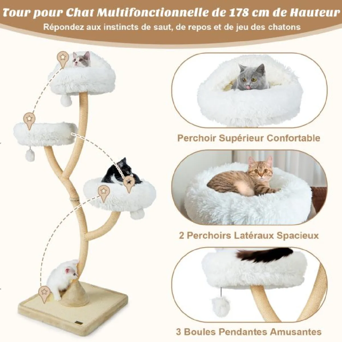 Meilleurs prix pour Arbre à chat 178 cm avec cadre en métal incurvé tour à chat avec 3 balles suspendues 3 perchoirs griffoir en sisal beige 20_0007649