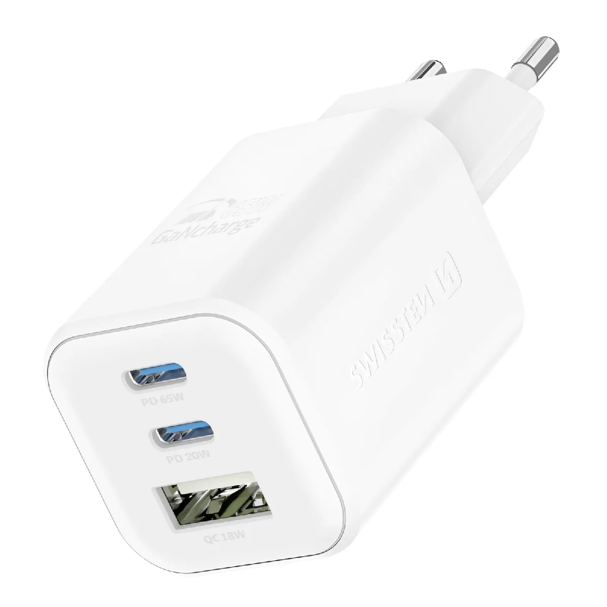 Swissten Blanc Chargeur Mural 2 Usb C Gan 65W + Usb 18W Charge Rapide Design Compact - Image 3